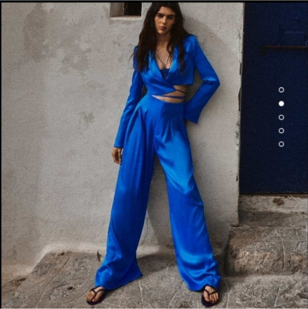Zara Satin Effect Wide Pants Trousers Blue - Picture 6 of 13